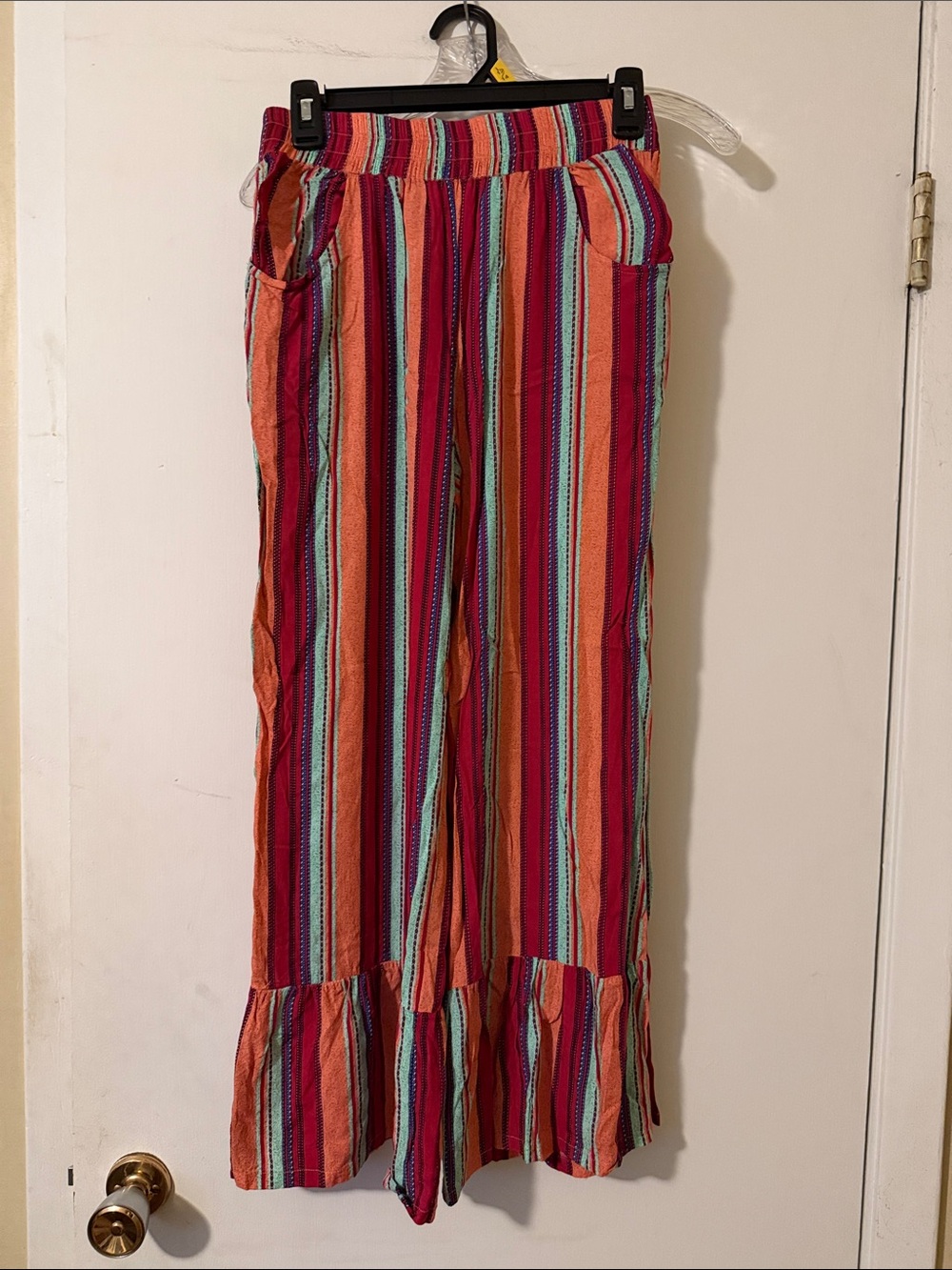 Umgee Multicolor Striped Ruffle-Hem Pants — Red, Teal, Blue, Orange